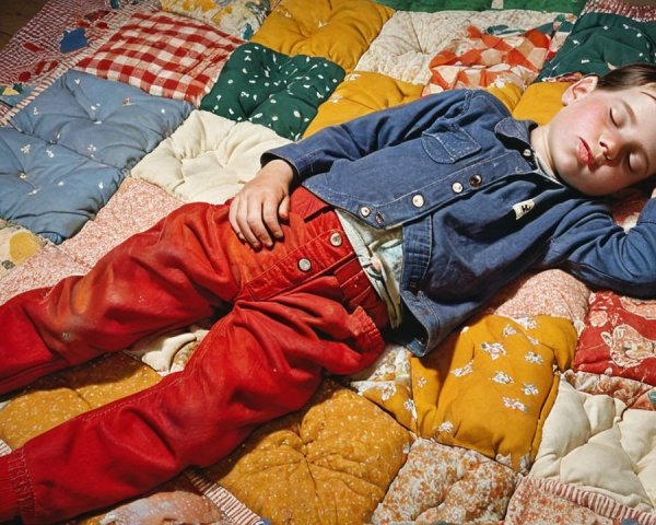 Young Boy Napping on Colorful Patchwork Quilt