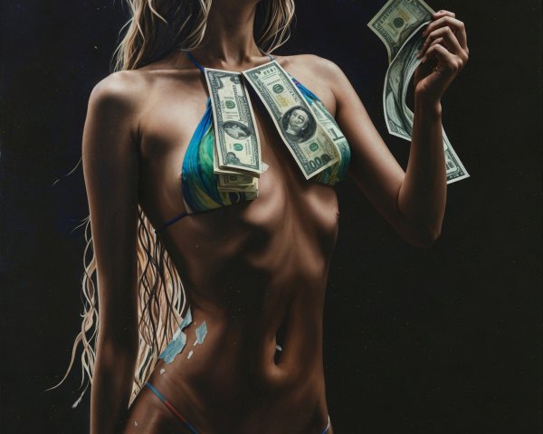 Young Woman on Beach in Dollar Bill Bikini Artwork