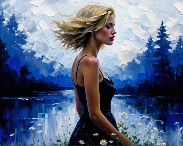Serene Woman by Tranquil Lake in Nature's Beauty