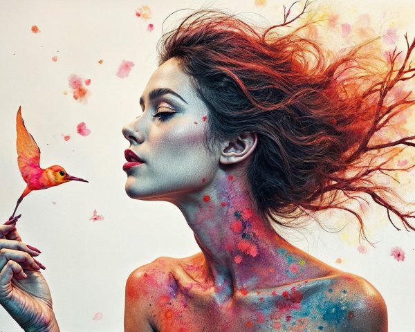Portrait of a Woman with Nature-Inspired Hair and Bird
