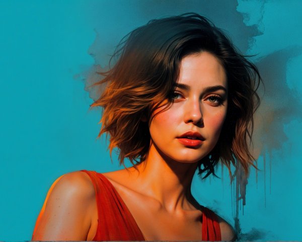 Young woman in vibrant red top against turquoise background
