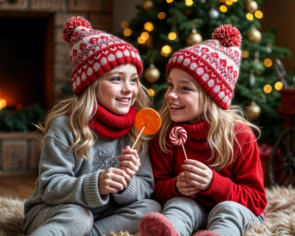 Young girls by Christmas tree with lollipops and fire