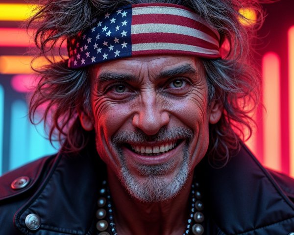 Charismatic Man in Leather Jacket with Neon Background