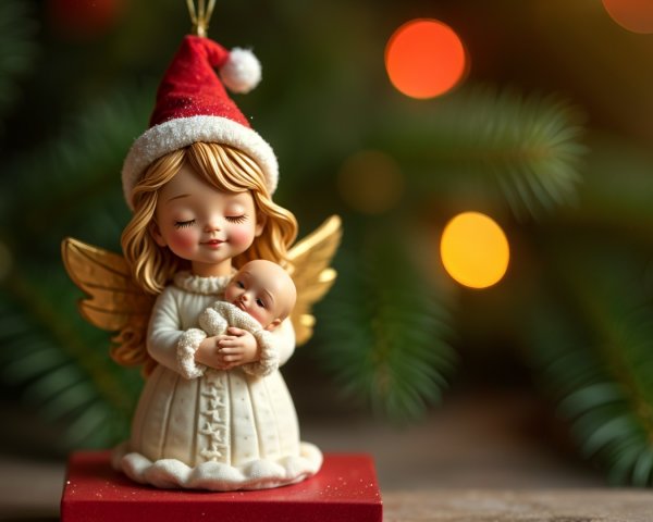 Holiday Angel Figurine with Baby and Christmas Lights