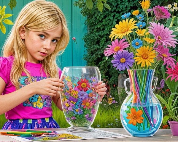 Young Girl Assembling Colorful Floral Arrangement