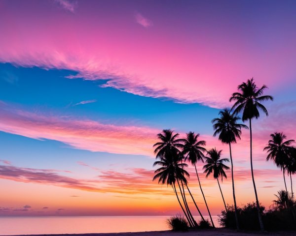 Serene Beach Sunset with Palm Tree Silhouettes