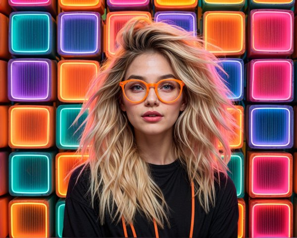 Young woman with blonde hair and neon backdrop