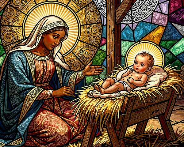 Stained Glass Depiction of Virgin Mary and Baby Jesus