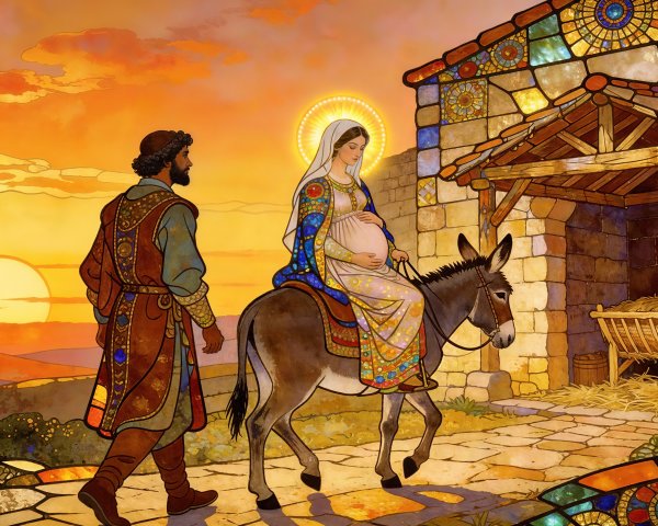 Stained Glass Illustration of Mary and Joseph Journeying