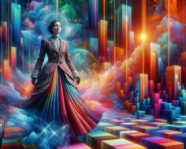 Surreal Landscape with Vibrant Figure in Colorful Coat