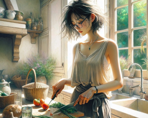 Young Woman Chopping Vegetables in Sunlit Kitchen