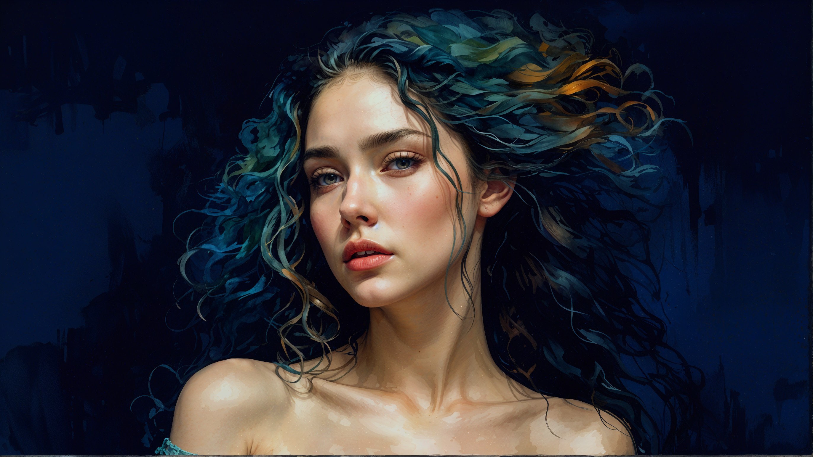 Young woman with wavy blue and orange hair in dark background