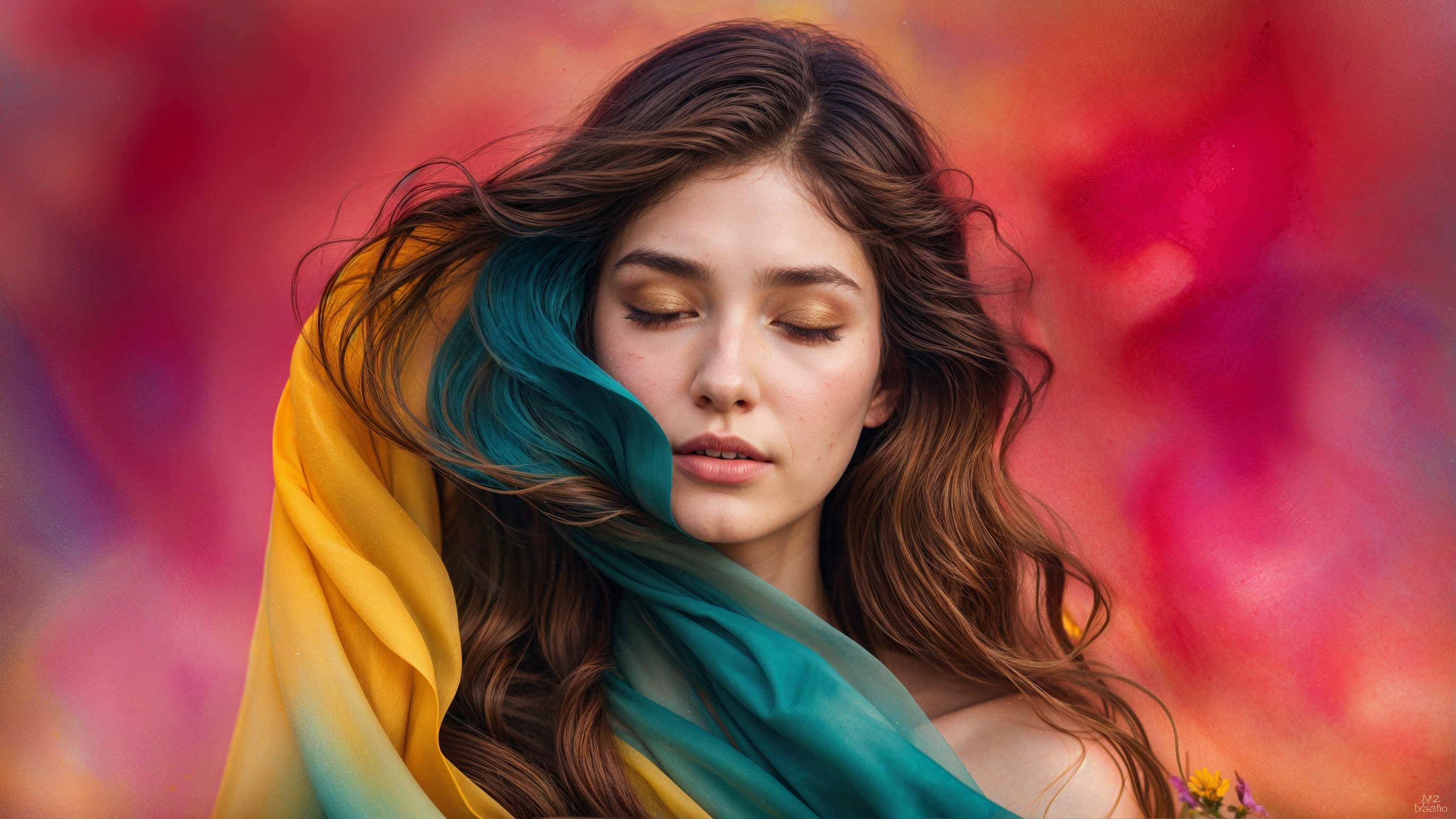 Serene Woman Embracing Colorful Silk Fabrics