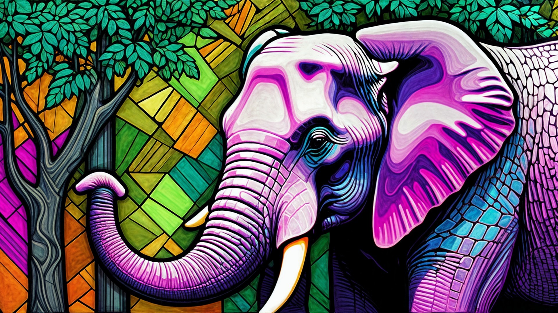 Vibrant Elephant Against Colorful Geometric Background