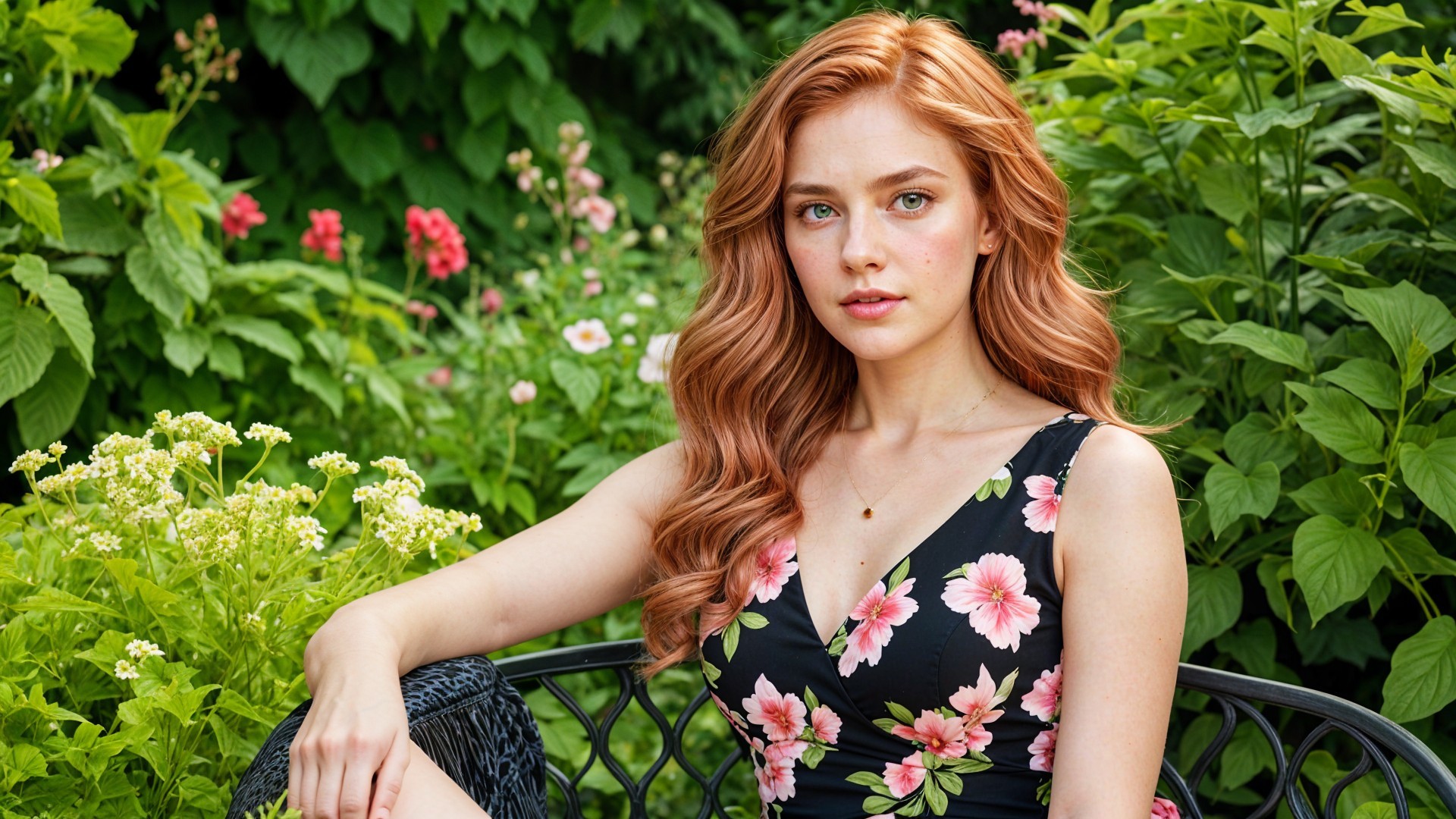 Young woman in floral dress sits in vibrant garden