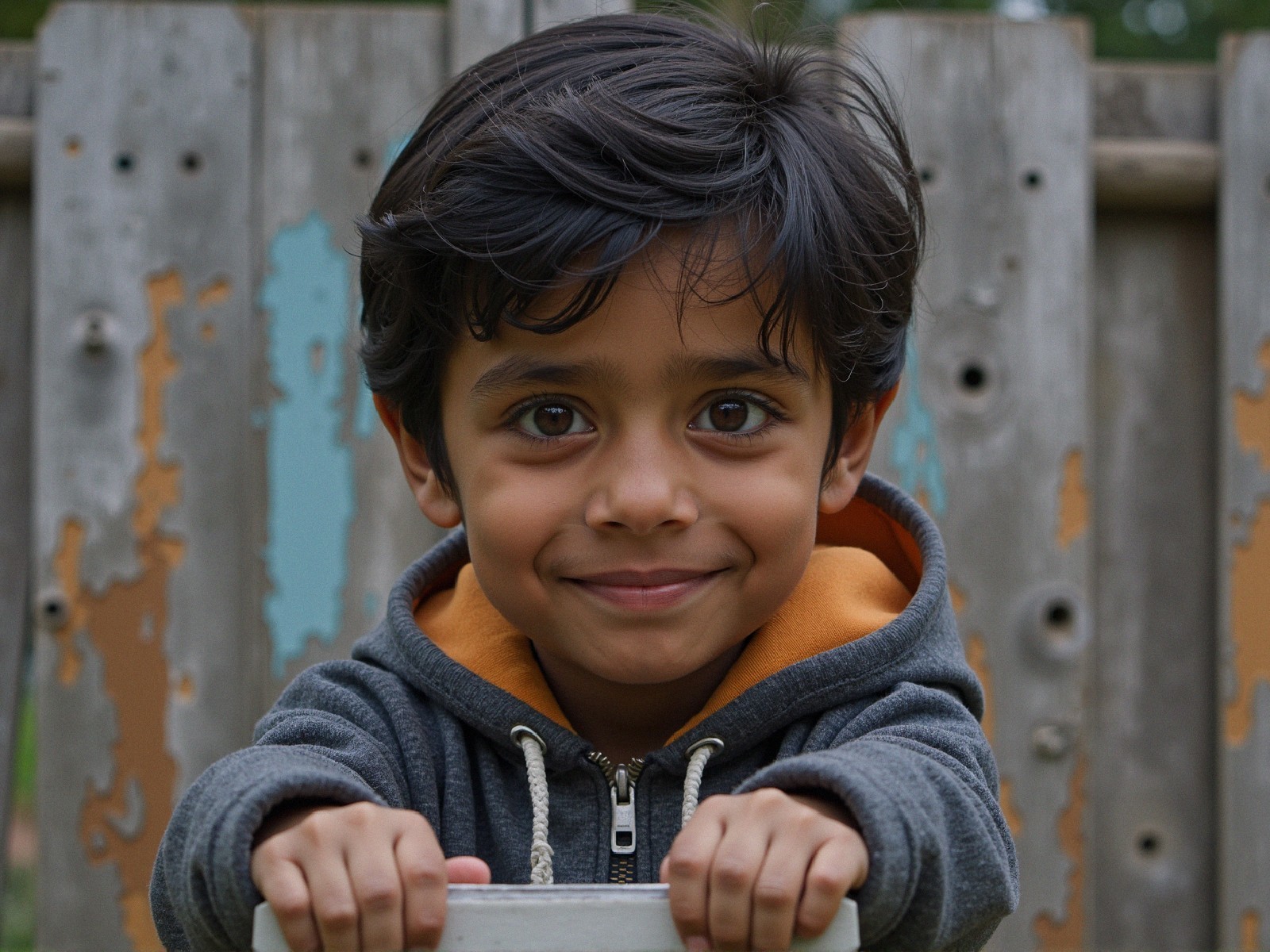 Young boy in gray hoodie by weathered wooden fence