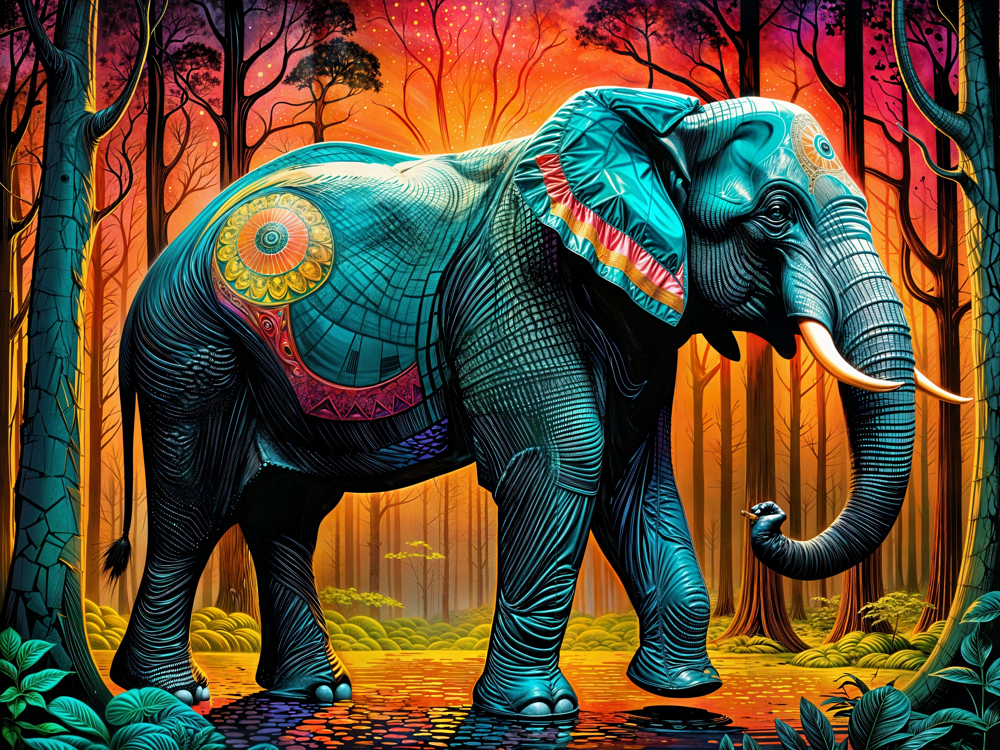 Vibrant Elephant in Colorful Forest at Sunset