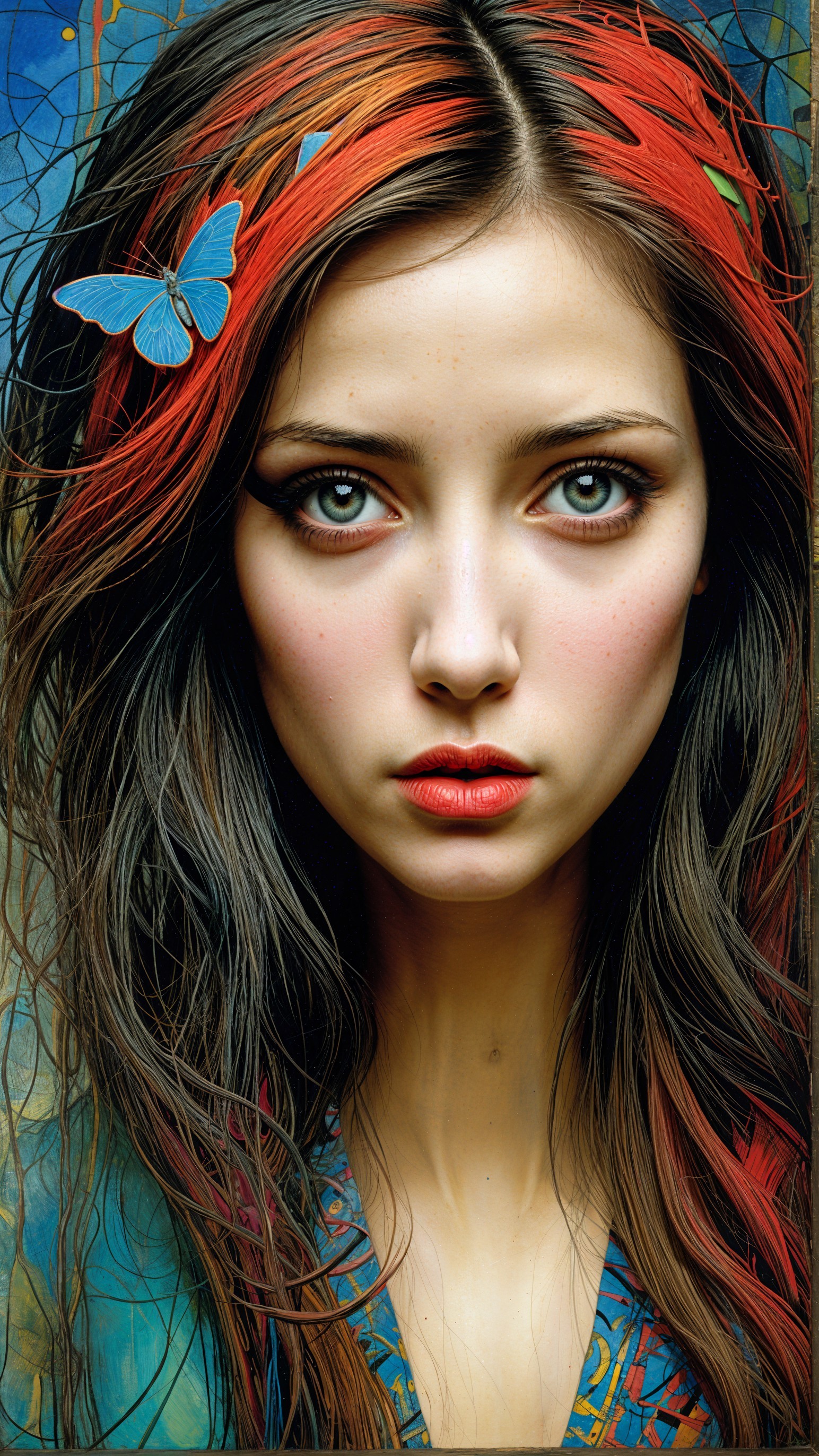 Portrait of a Young Woman with Red Highlights and Butterfly