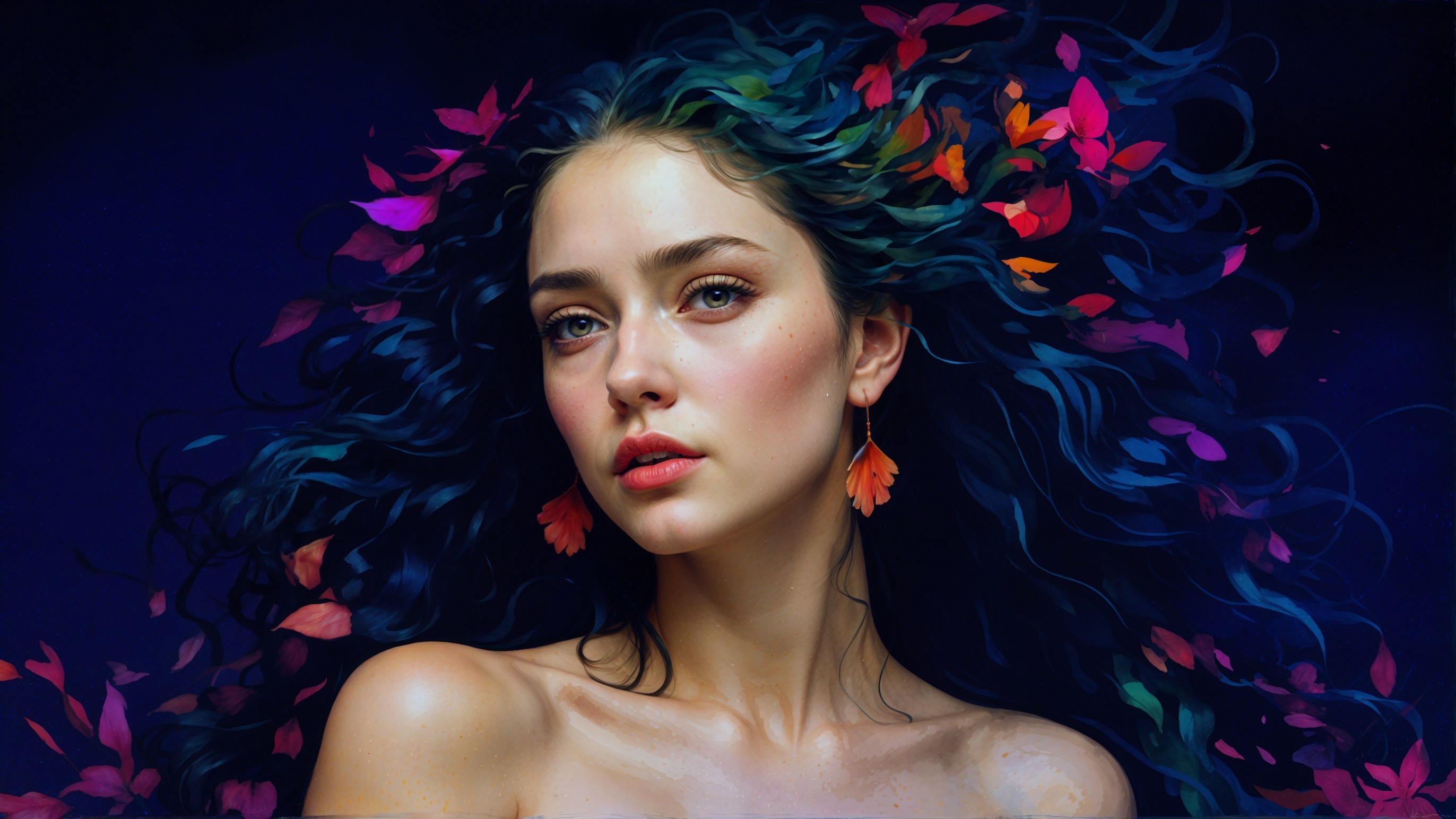 Young woman with flowing hair and autumn leaves