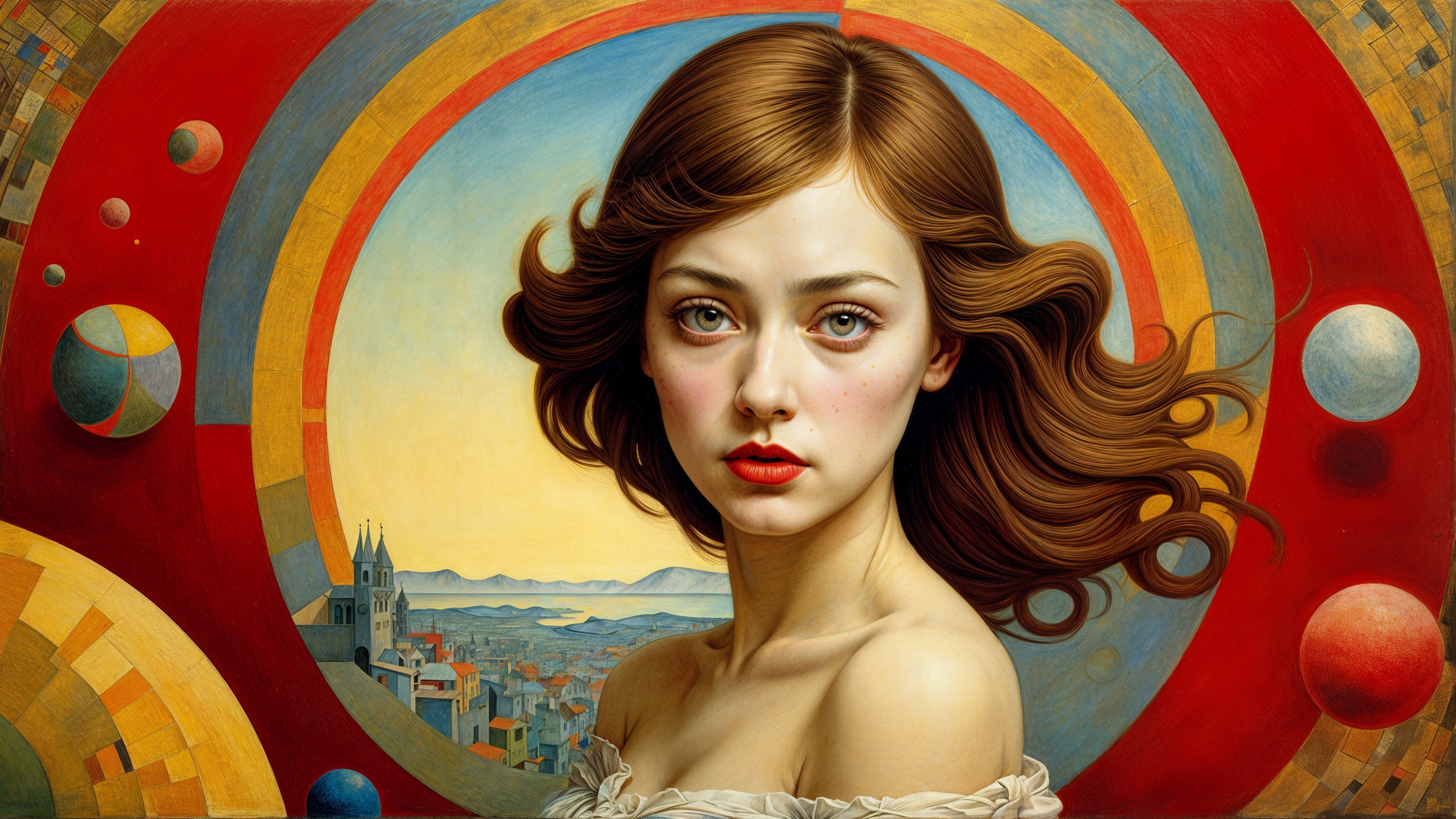 Young Woman with Brown Hair in Vibrant Landscape Art