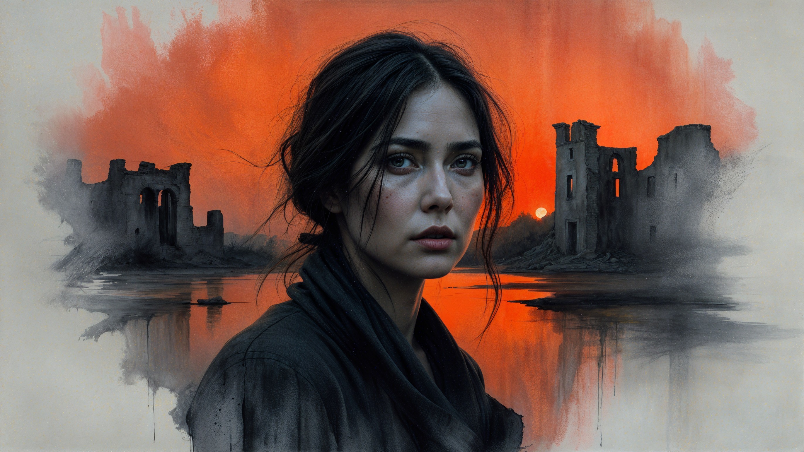 Young woman in sunset with ruins and reflective water