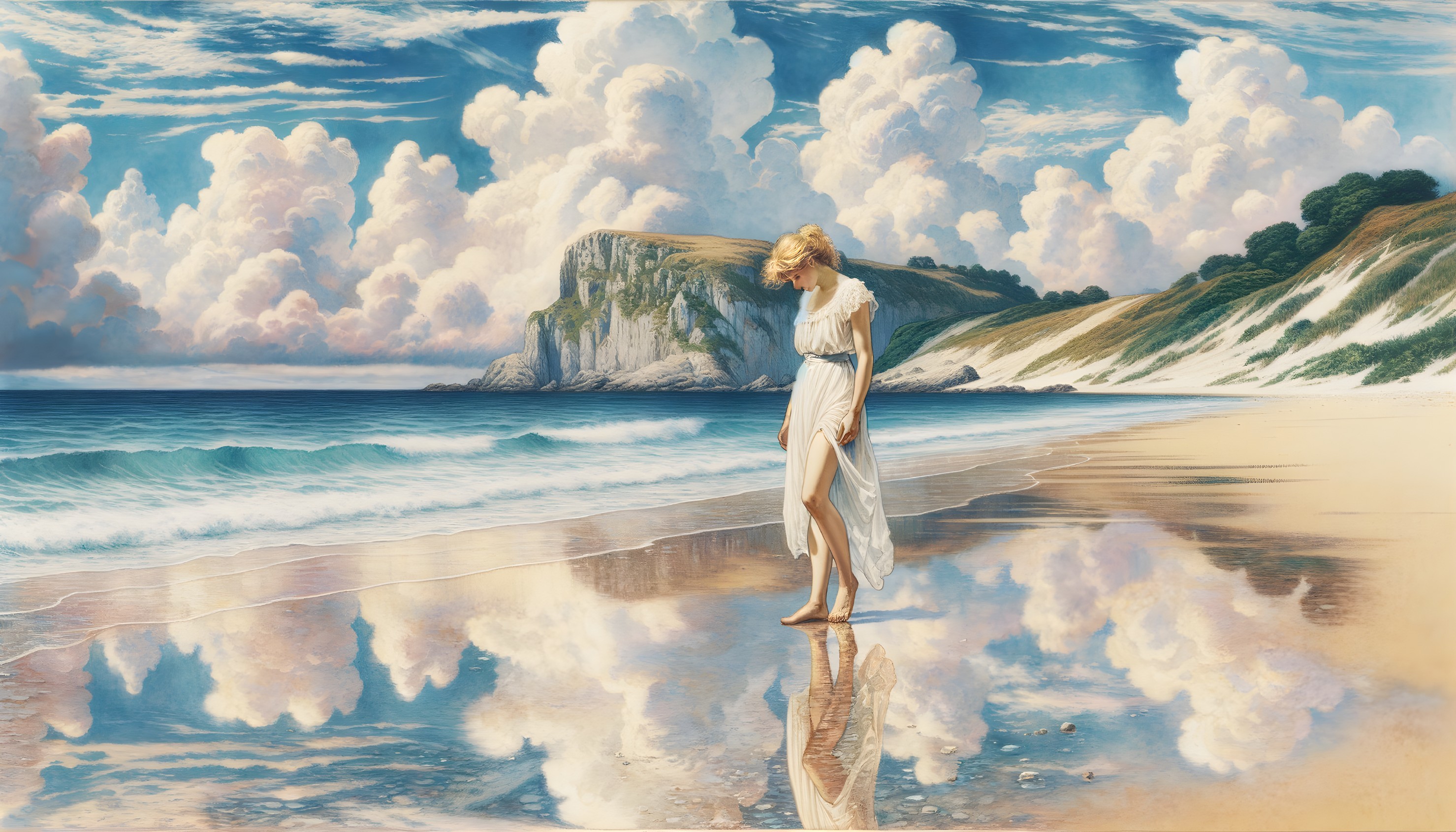 Serene beach scene with woman in white dress