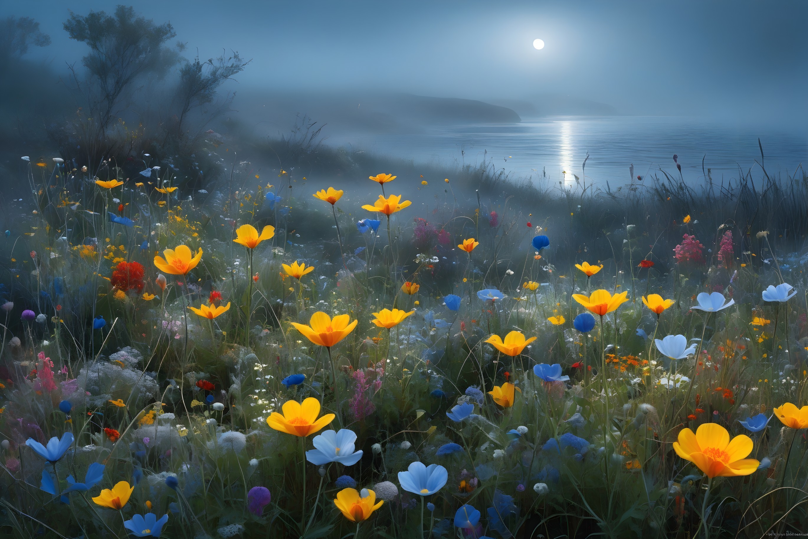 Serene Moonlit Landscape with Vibrant Wildflowers