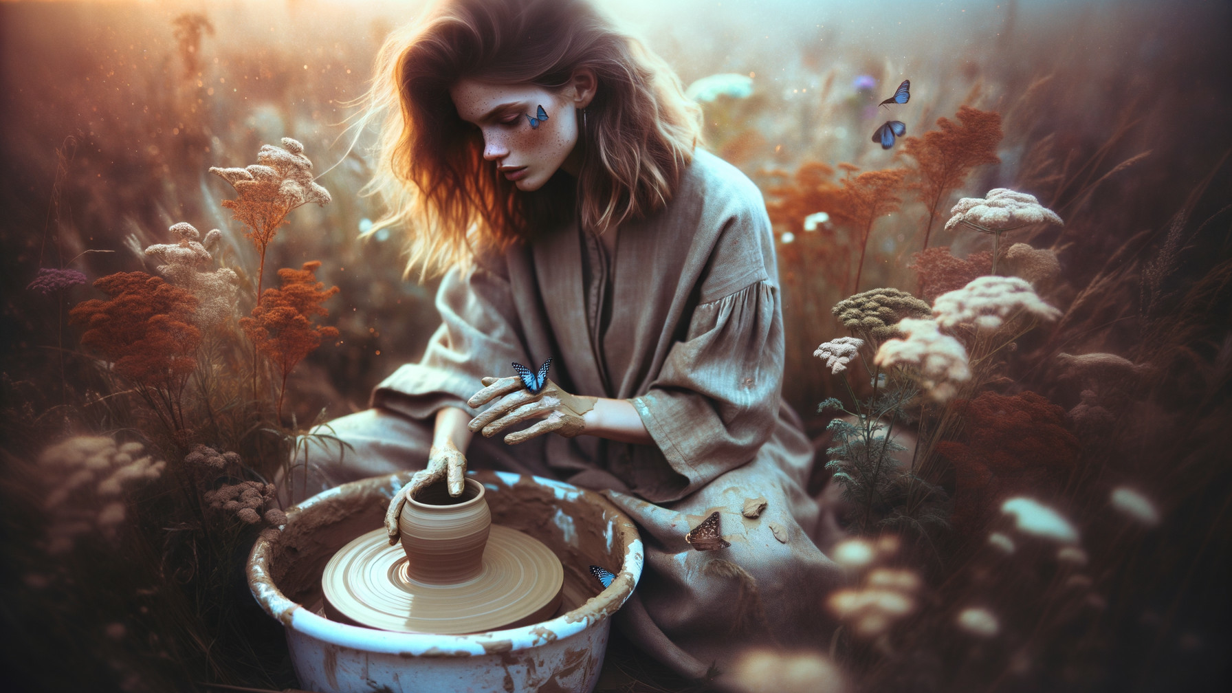Young Woman Shaping Clay in Flower-Filled Meadow