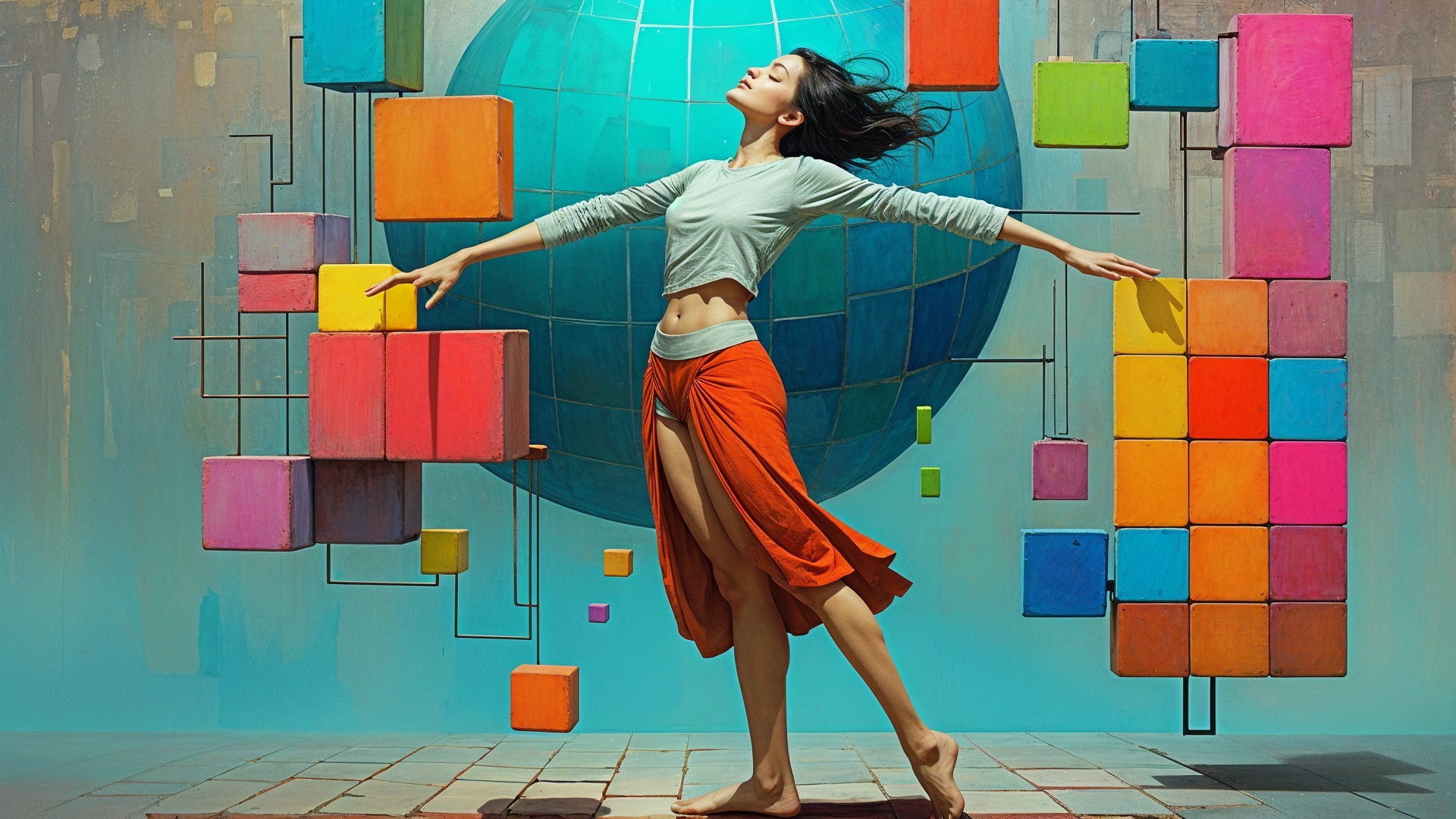 Dancer Posing with Vibrant Globe and Geometric Shapes