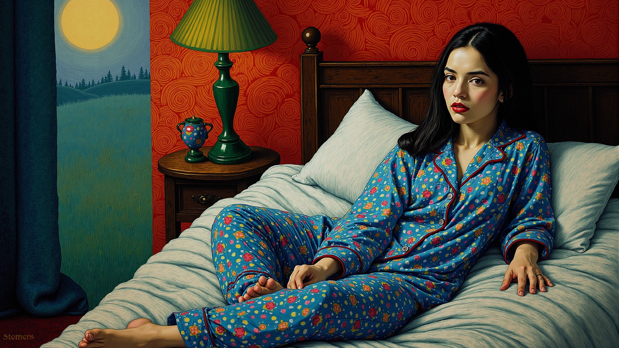 Cozy Bedroom with Young Woman in Colorful Pajamas