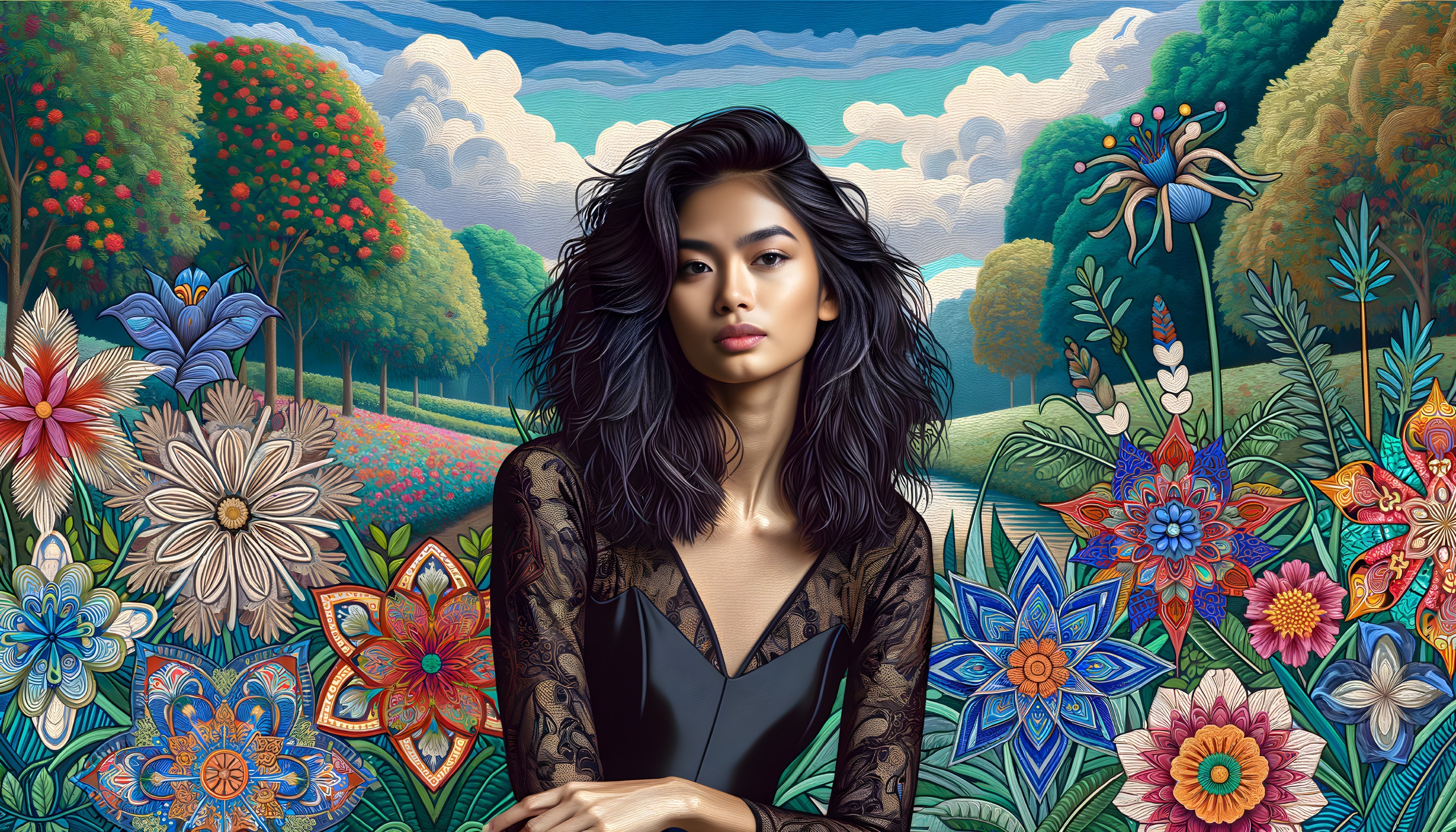 Portrait of a Woman with Dark Hair in Colorful Setting