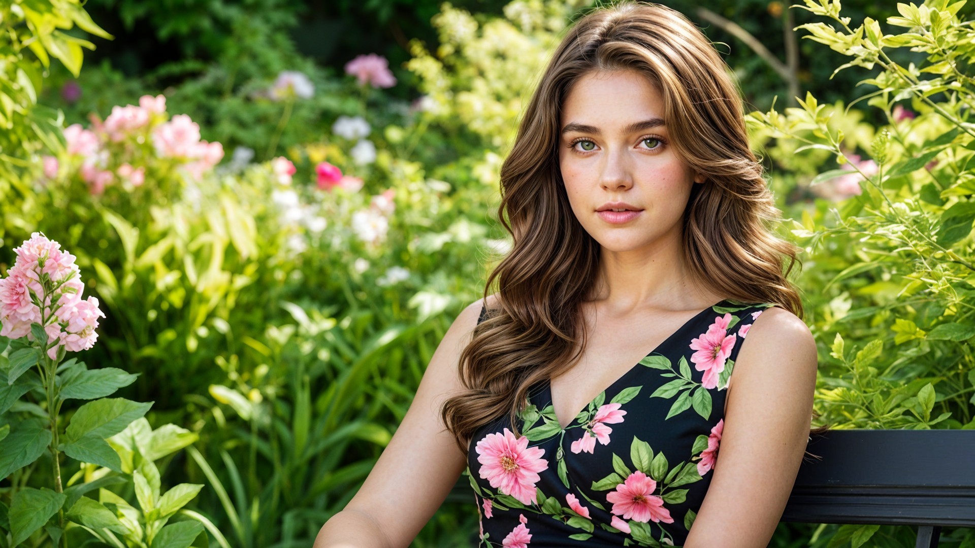 Young woman in floral dress in vibrant garden setting