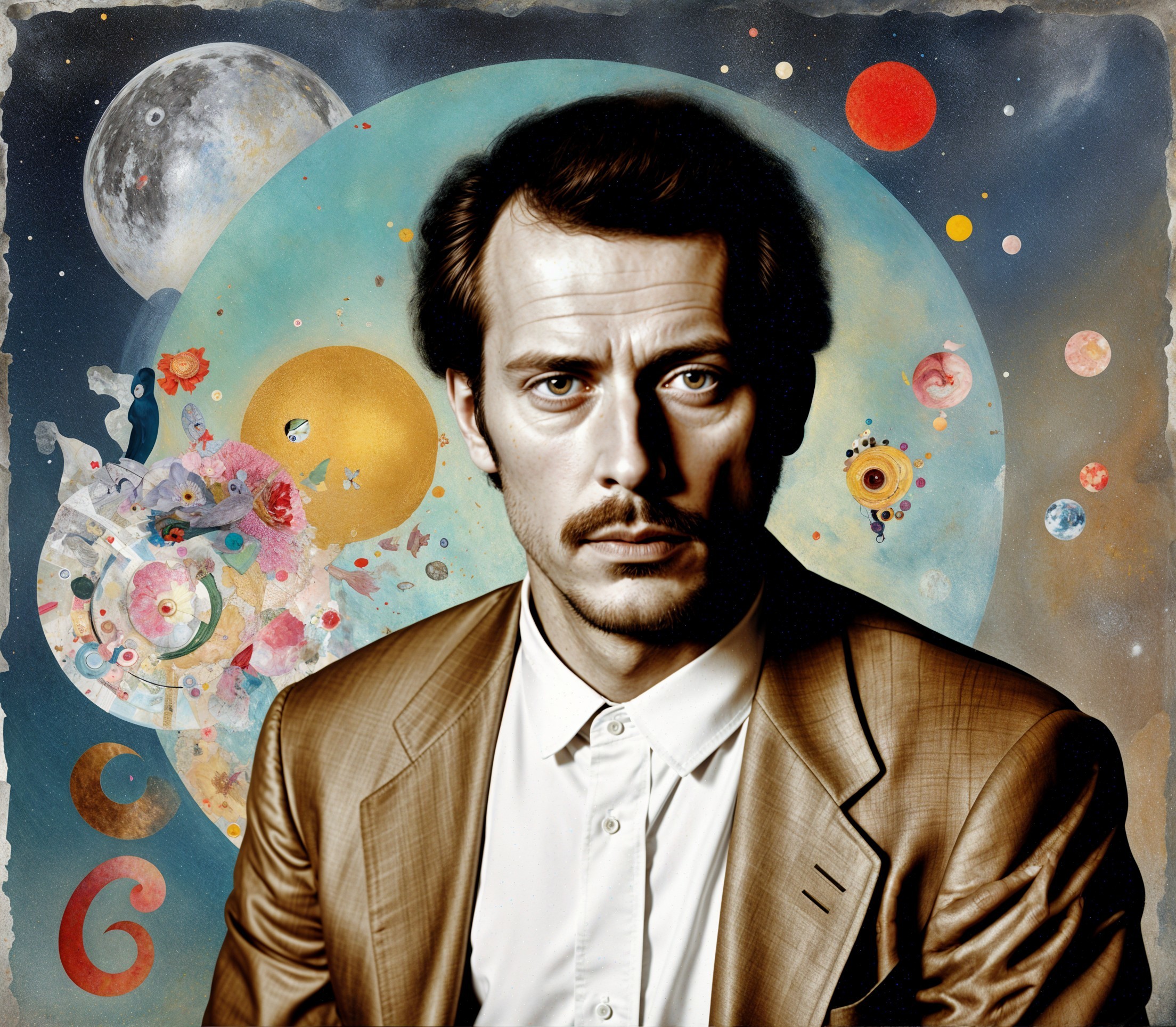 Portrait of a man in a brown suit with cosmic background