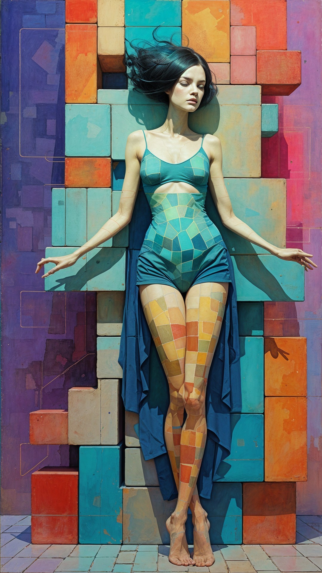 Model in Color-Blocked Swimsuit with Geometric Background