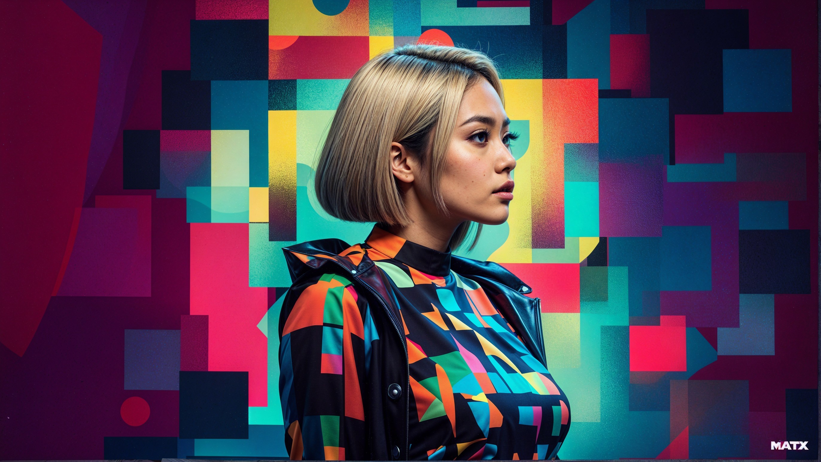 Young Woman in Colorful Geometric Outfit and Background