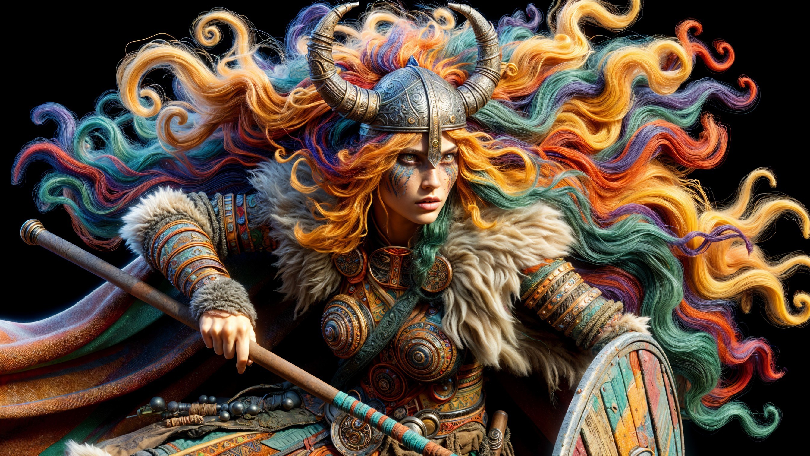 Fierce warrior in intricate armor with multicolored hair