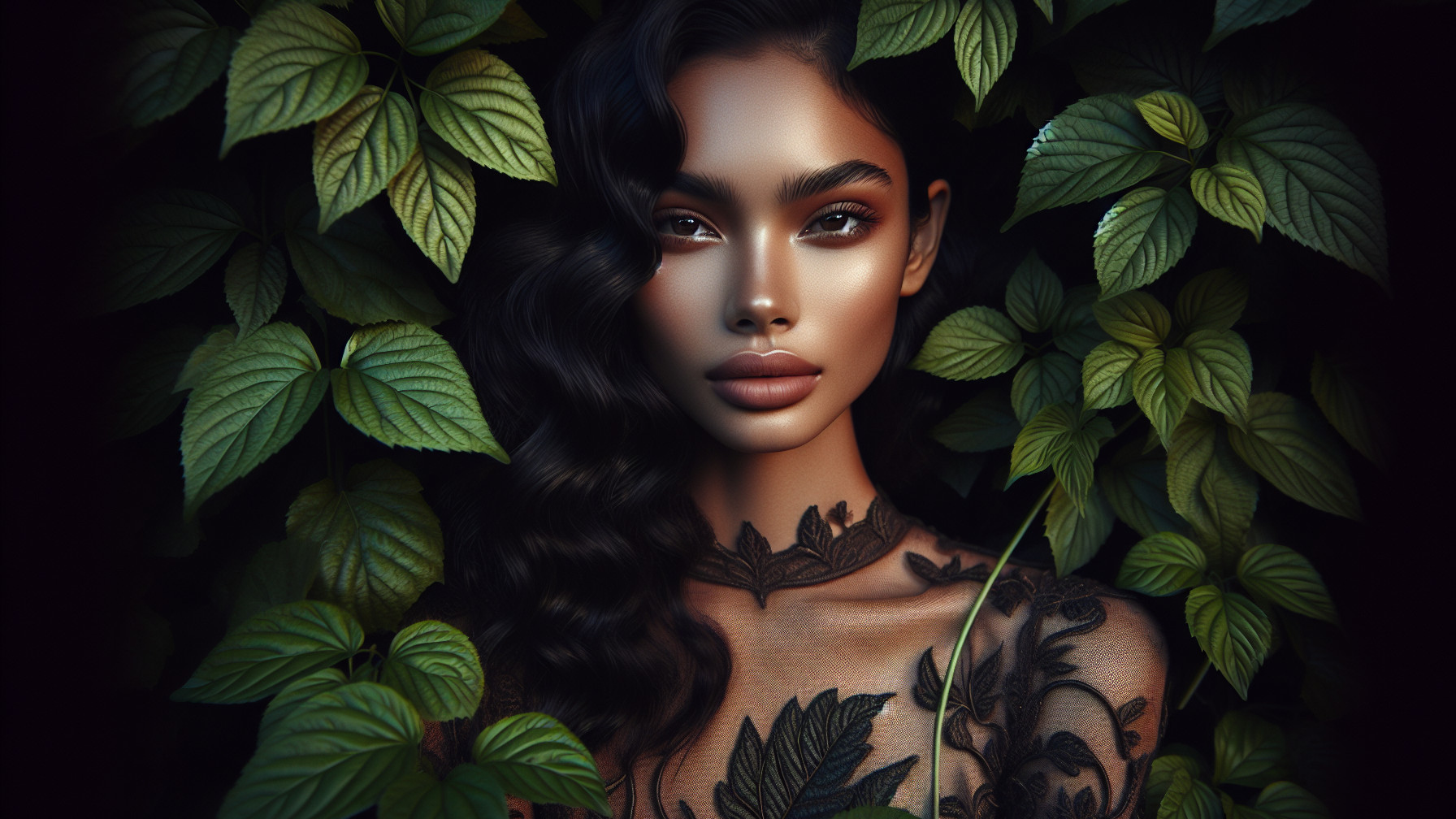 Portrait of a woman with botanical tattoos in nature