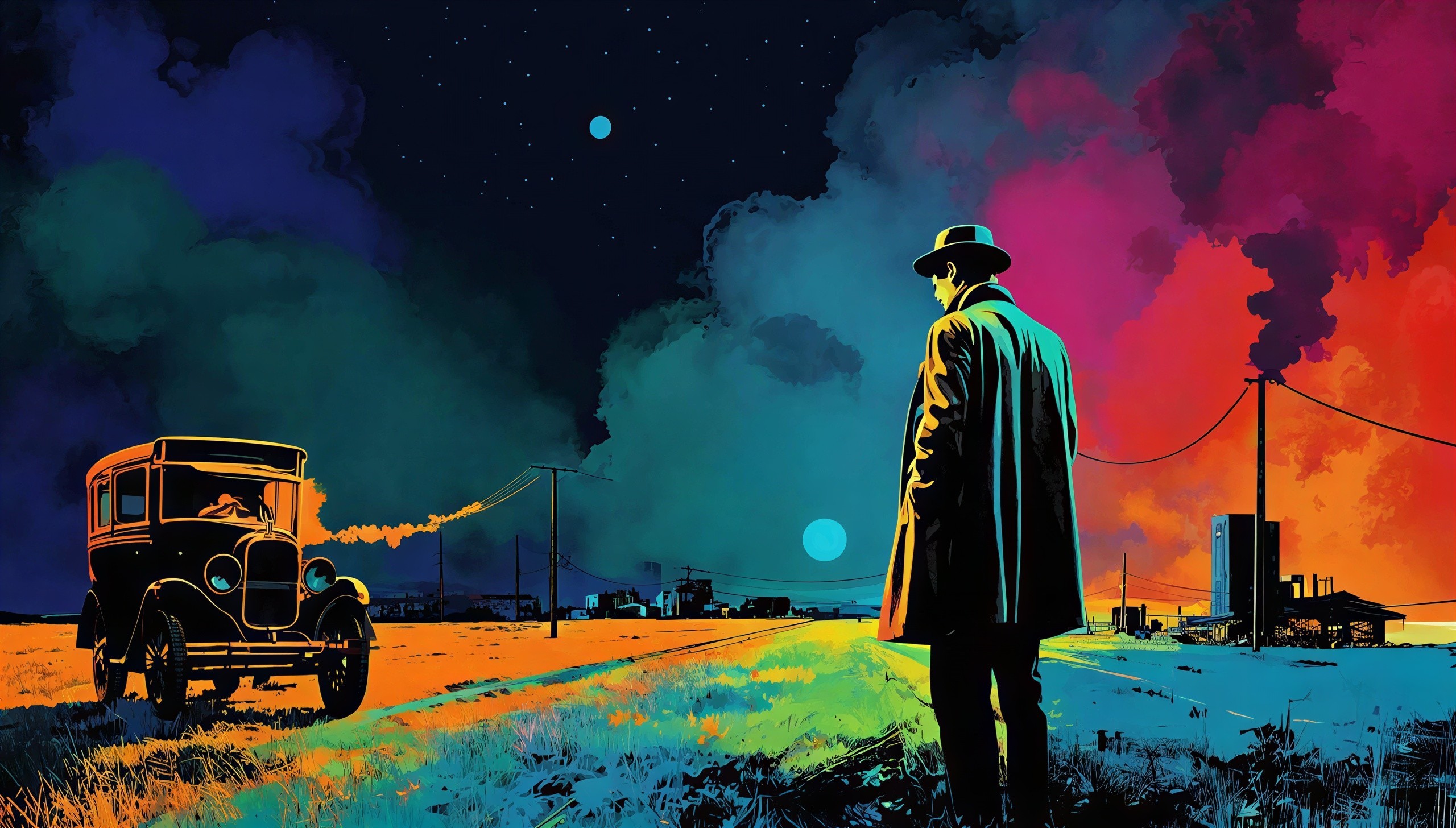 Neo-Noir Digital Painting of Man in Nocturnal Landscape