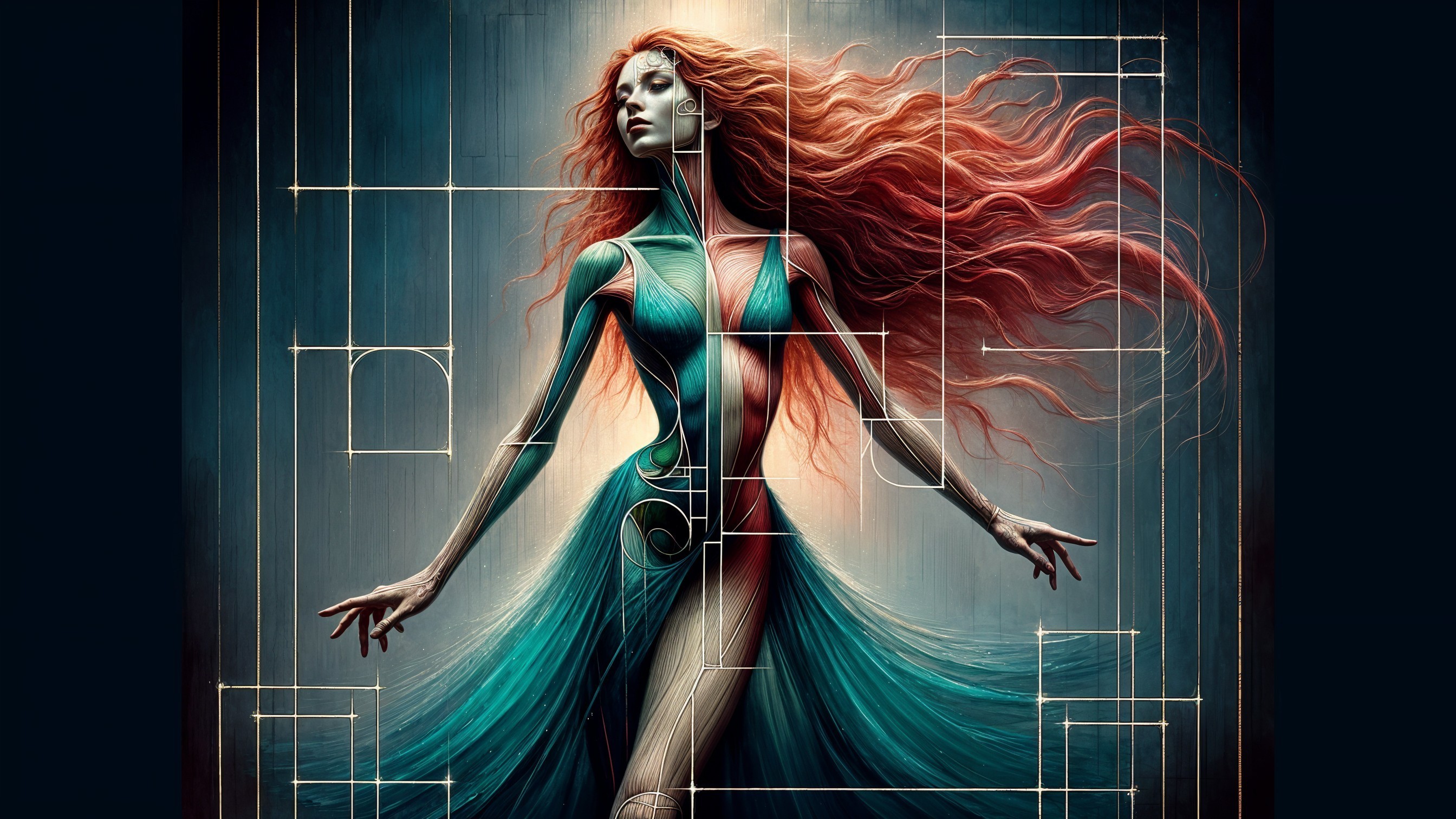 Surreal Woman with Red Hair in Geometric Patterns