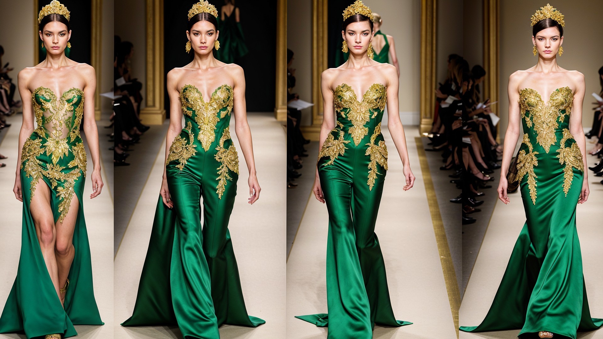 High-fashion model in elegant green gown with gold embroidery