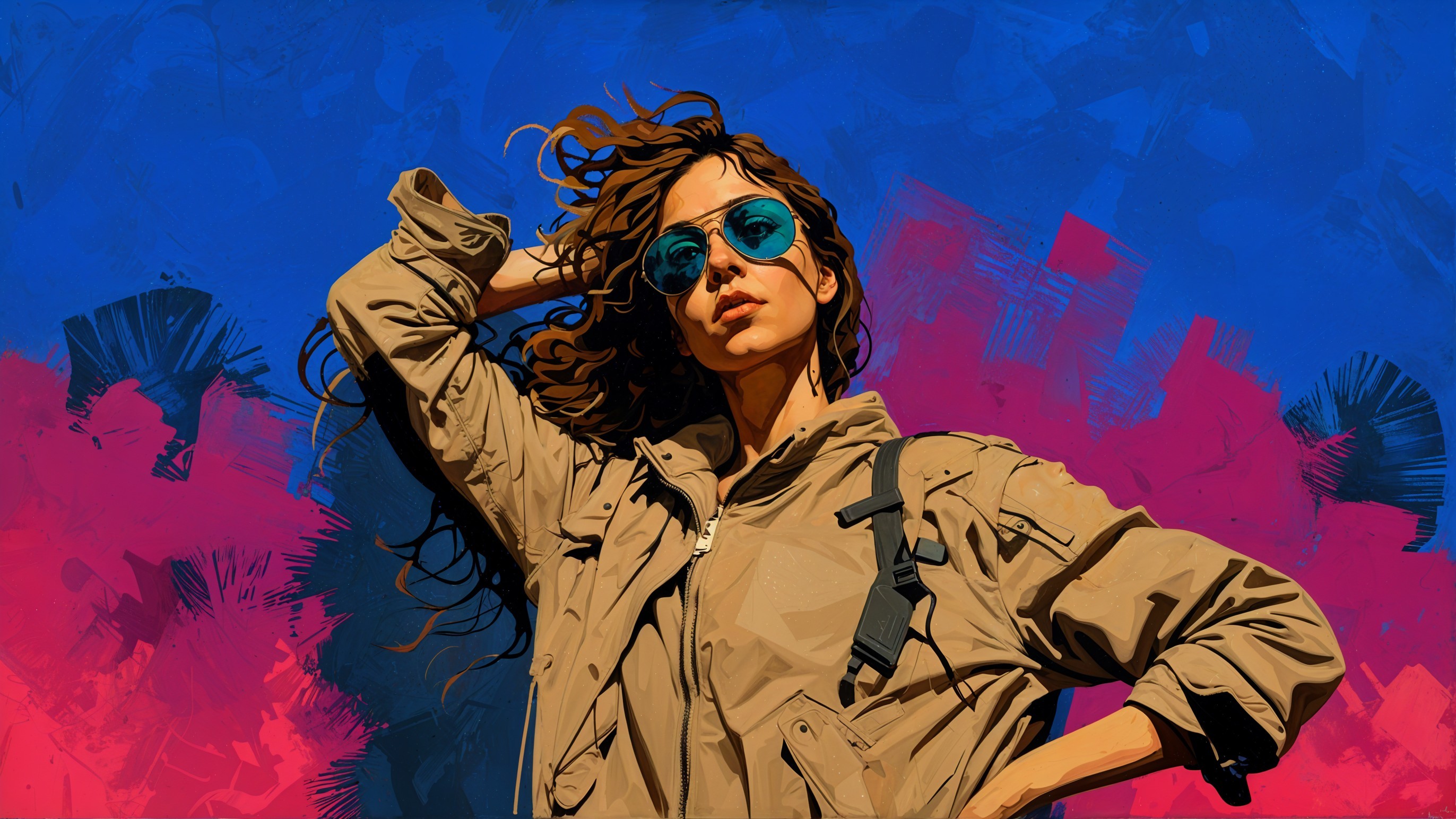 Stylish Woman in Khaki Jacket Against Colorful Background