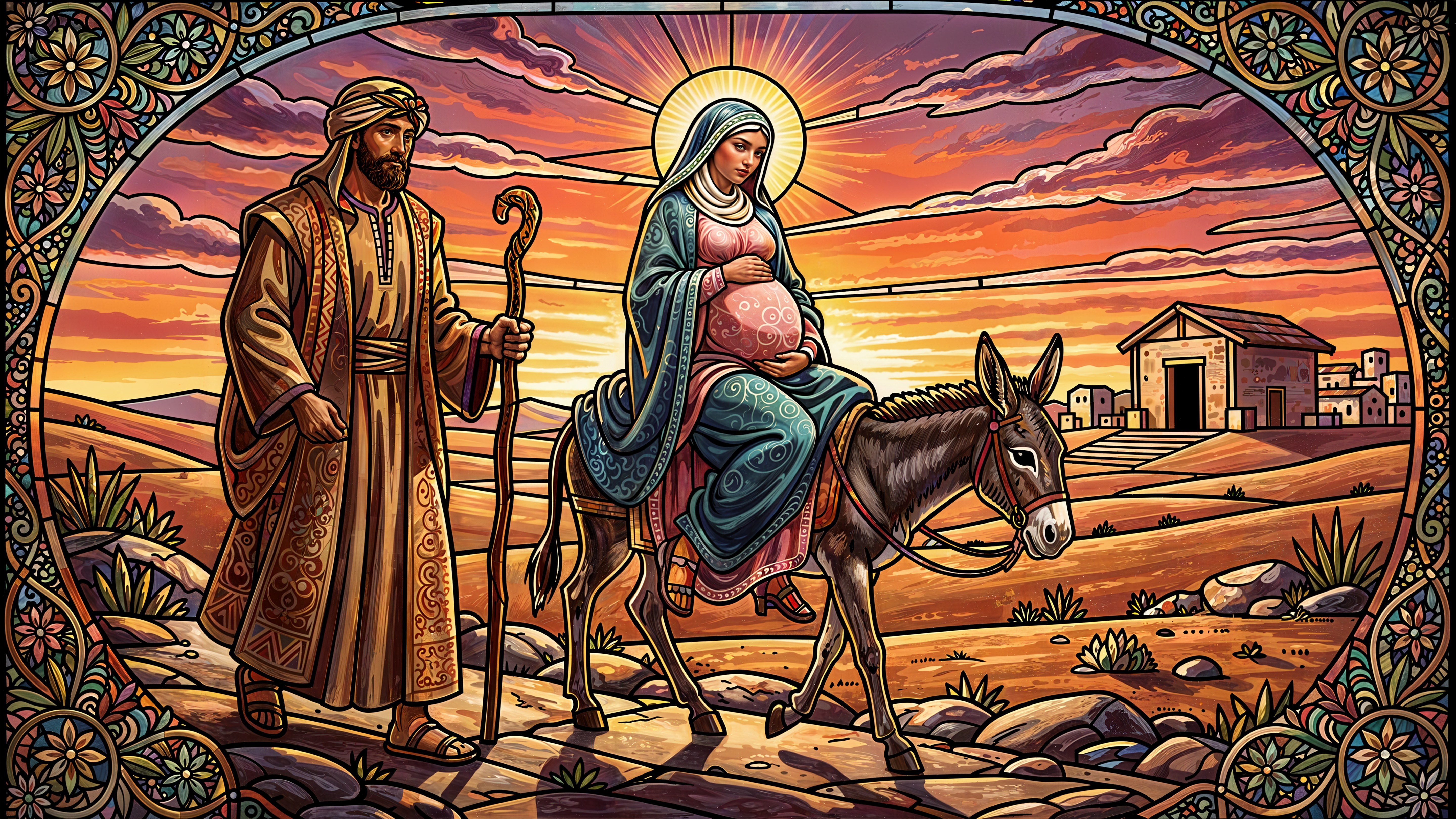 Stained-Glass Illustration of Mary and Joseph's Journey