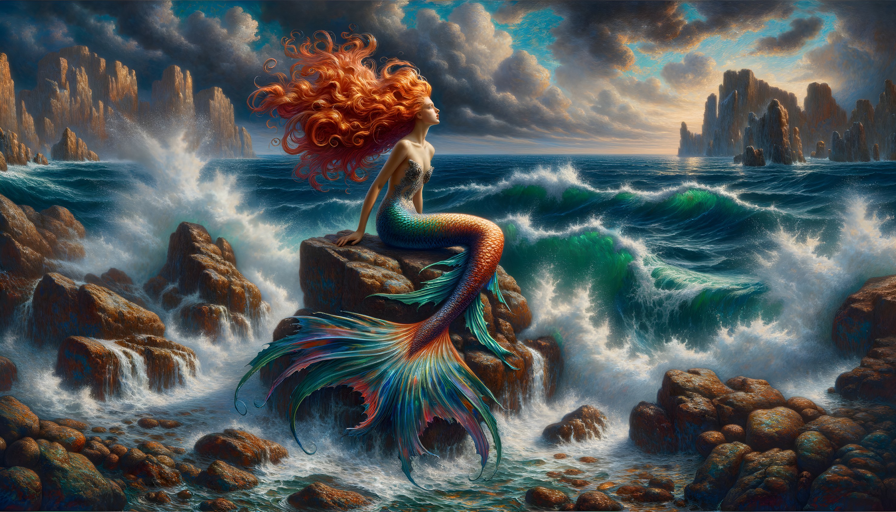 Mermaid with Red Hair on Rocky Outcrop by Ocean Waves