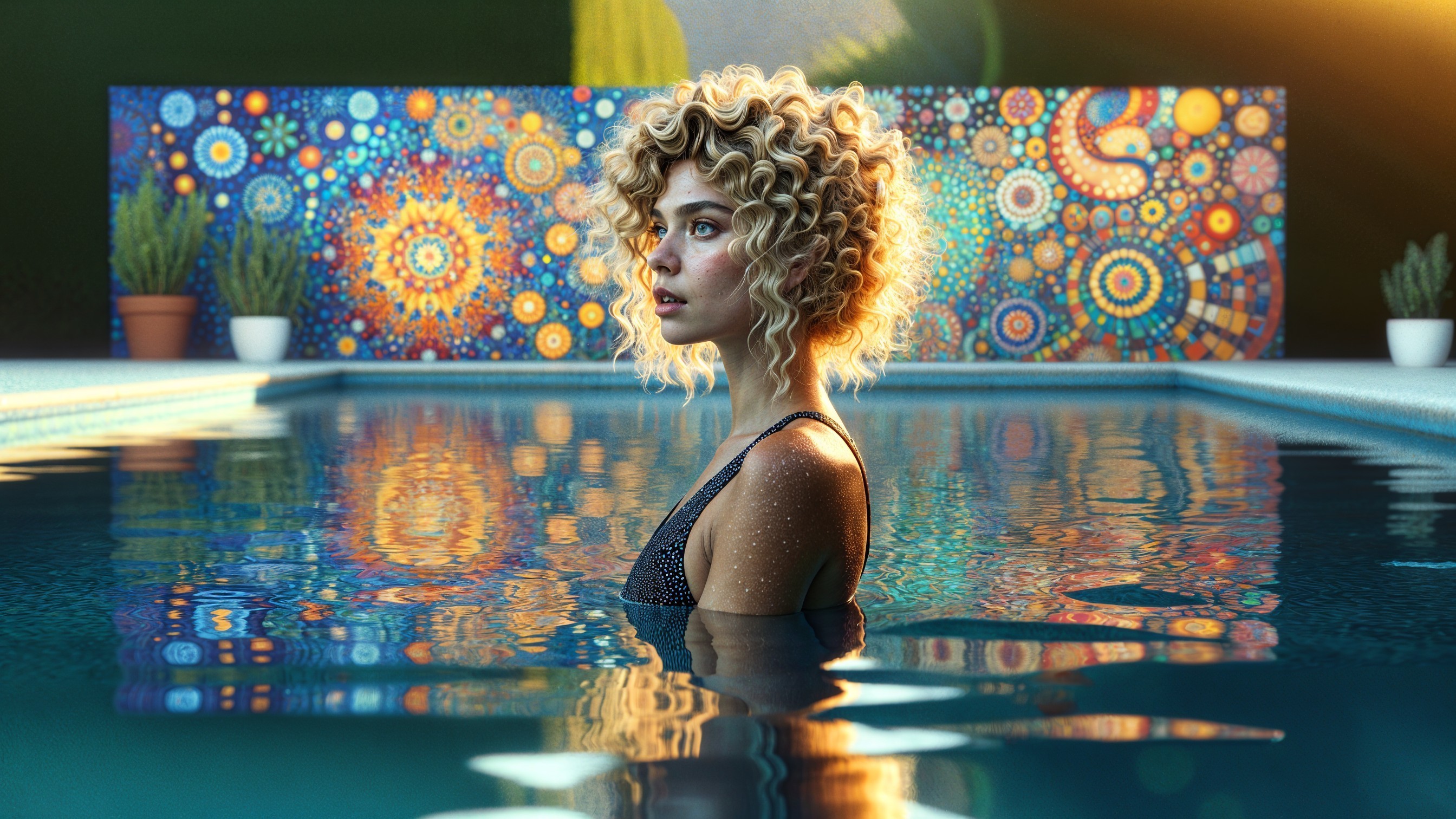 Woman with Curly Hair in Sparkling Swimsuit by Pool