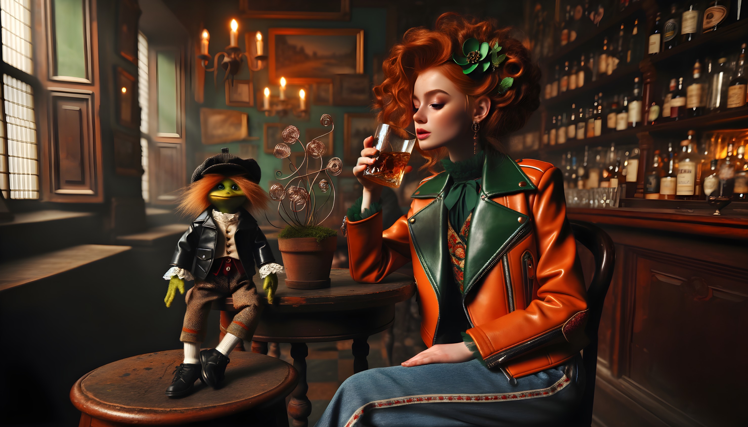 Cozy tavern scene with a woman and whimsical puppet