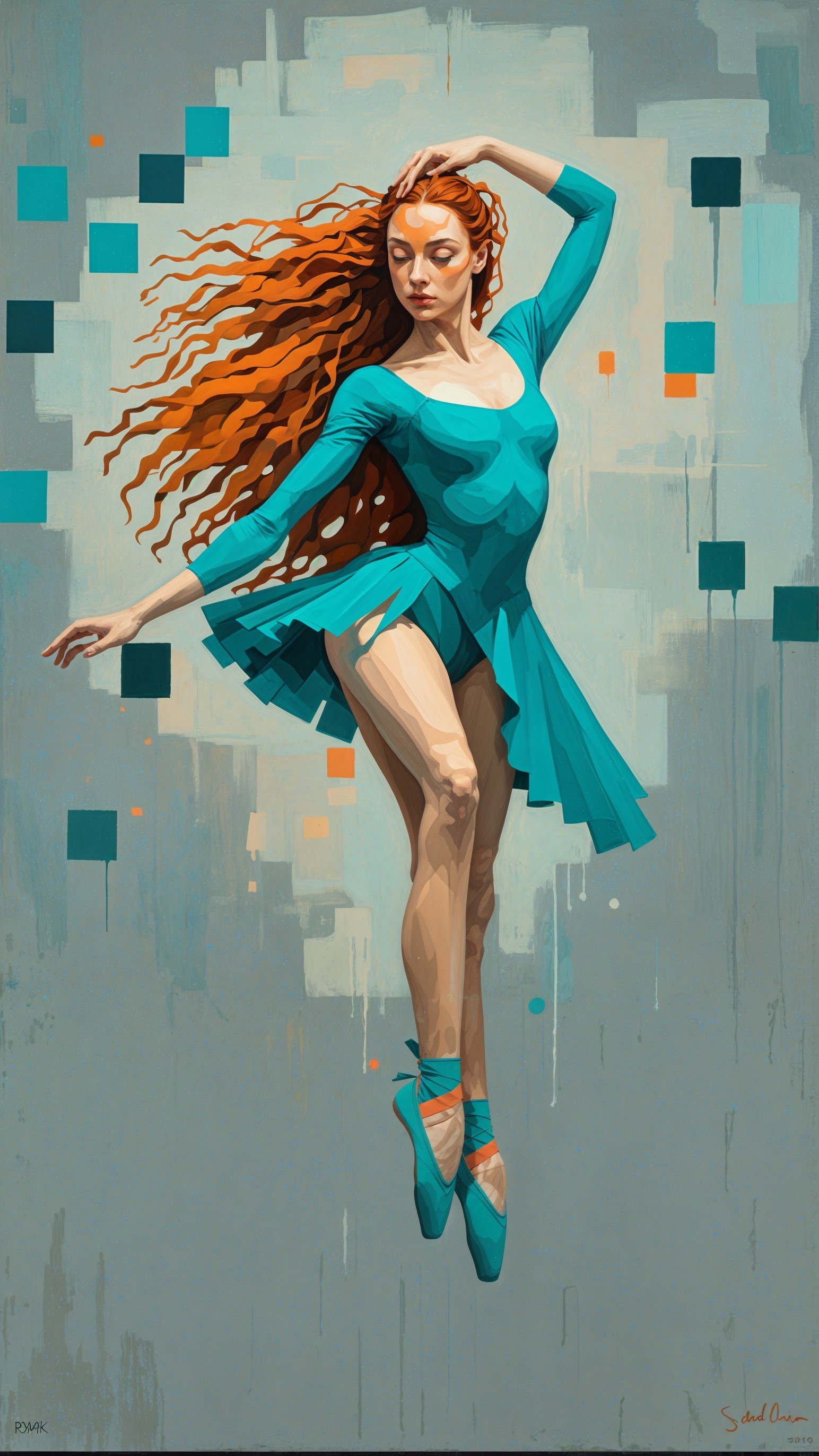 Ballerina in Turquoise Leotard with Abstract Background