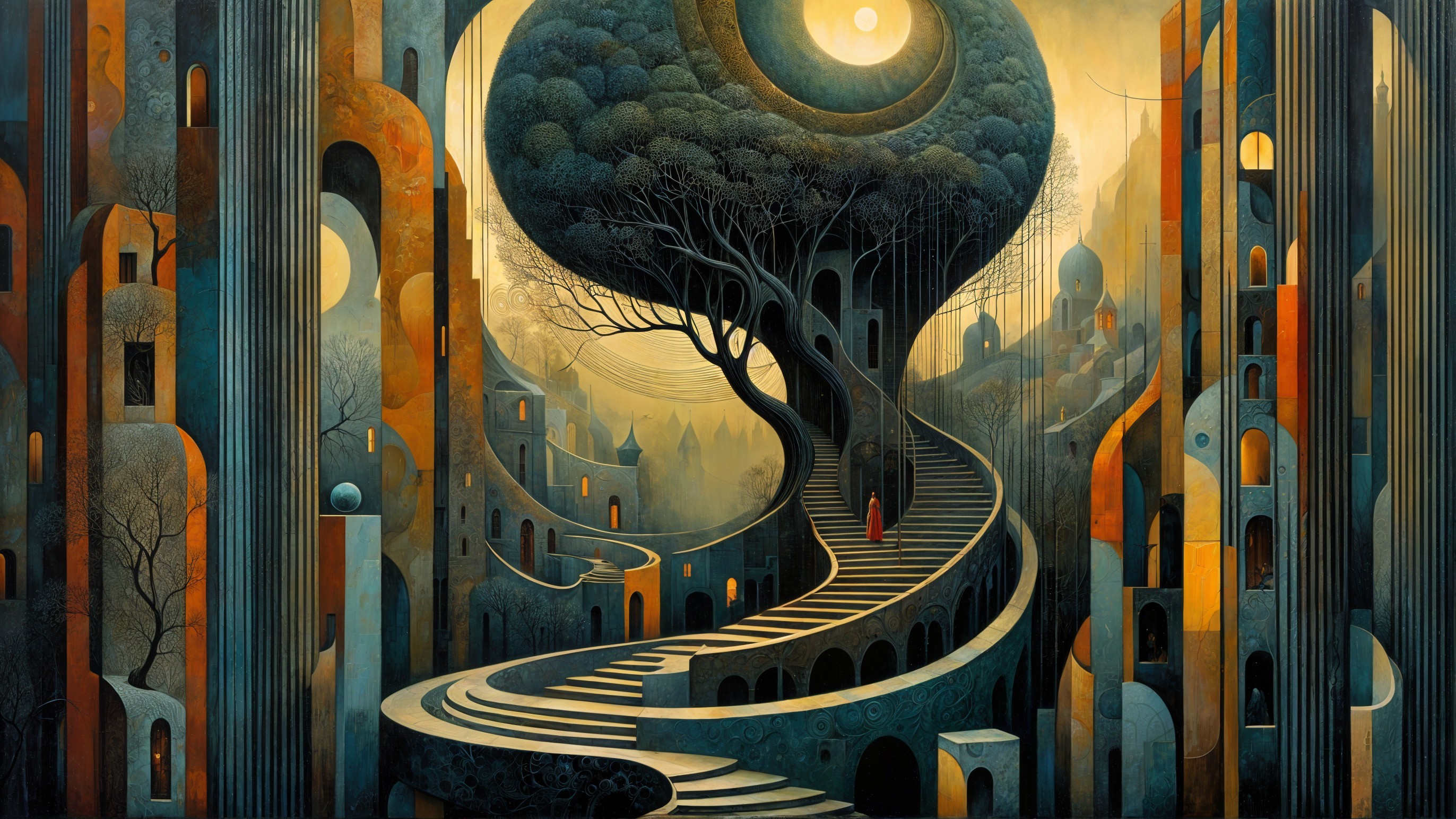 Surreal Landscape with Winding Staircases and Tree