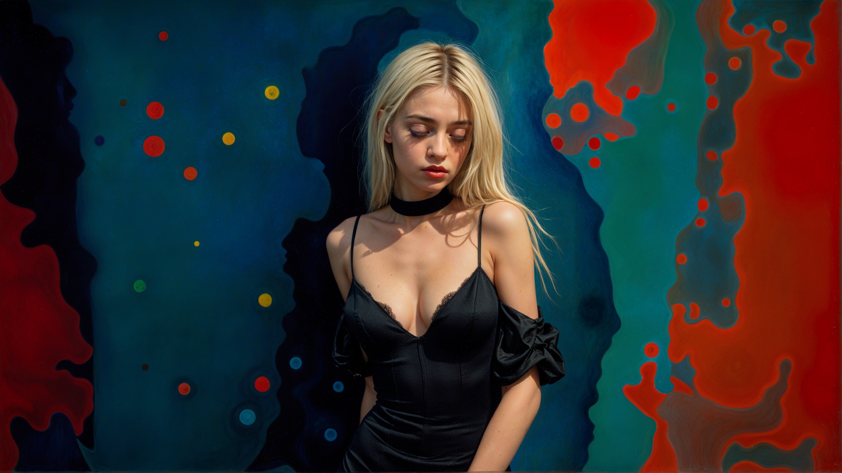 Young woman in black dress against vibrant abstract background