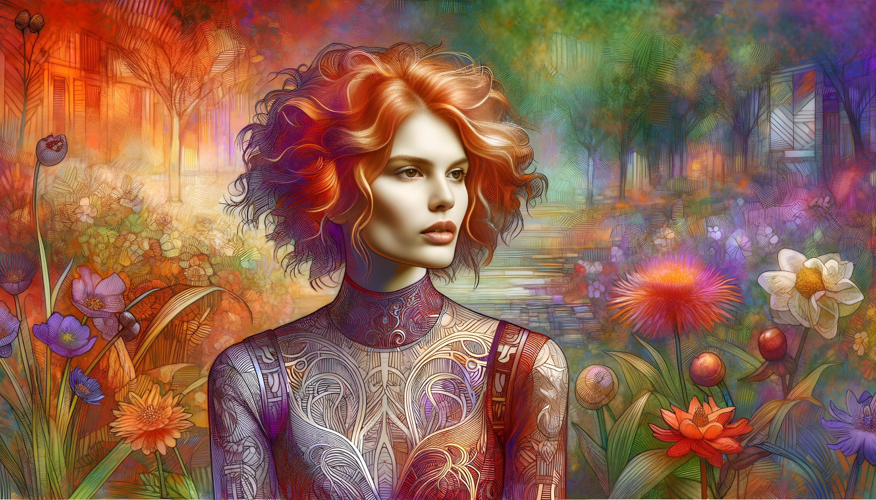 Woman in a colorful garden with vibrant red hair