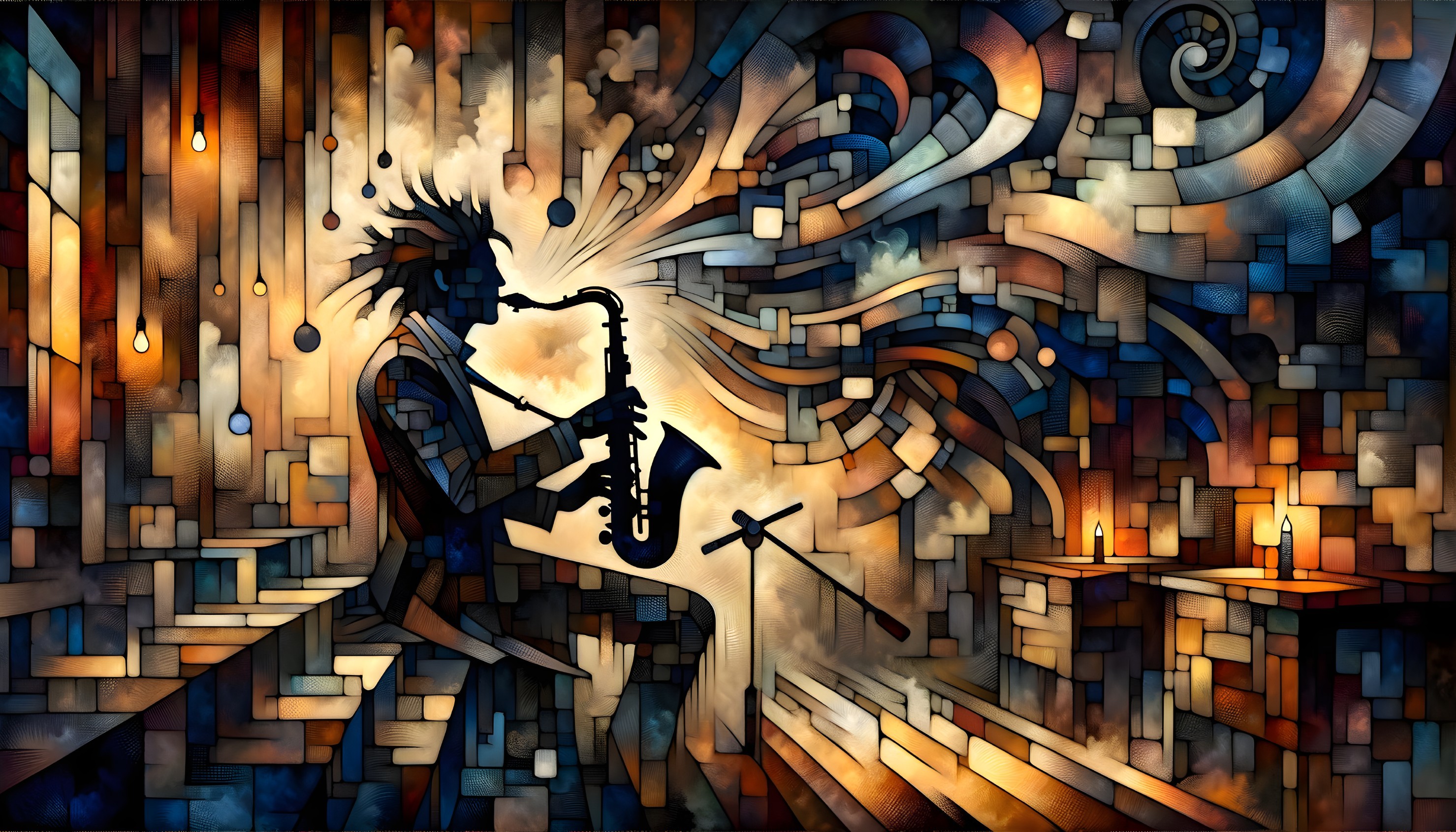 Silhouetted Saxophonist in Colorful Abstract Setting